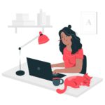 自由気ままに机の上でねそべっている猫の横で、仕事をする女性を描いたイラスト